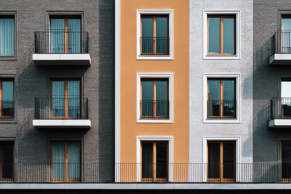 Een moderne appartementsgevel met balkons, als beeld voor vastgoed en woonfinanciering